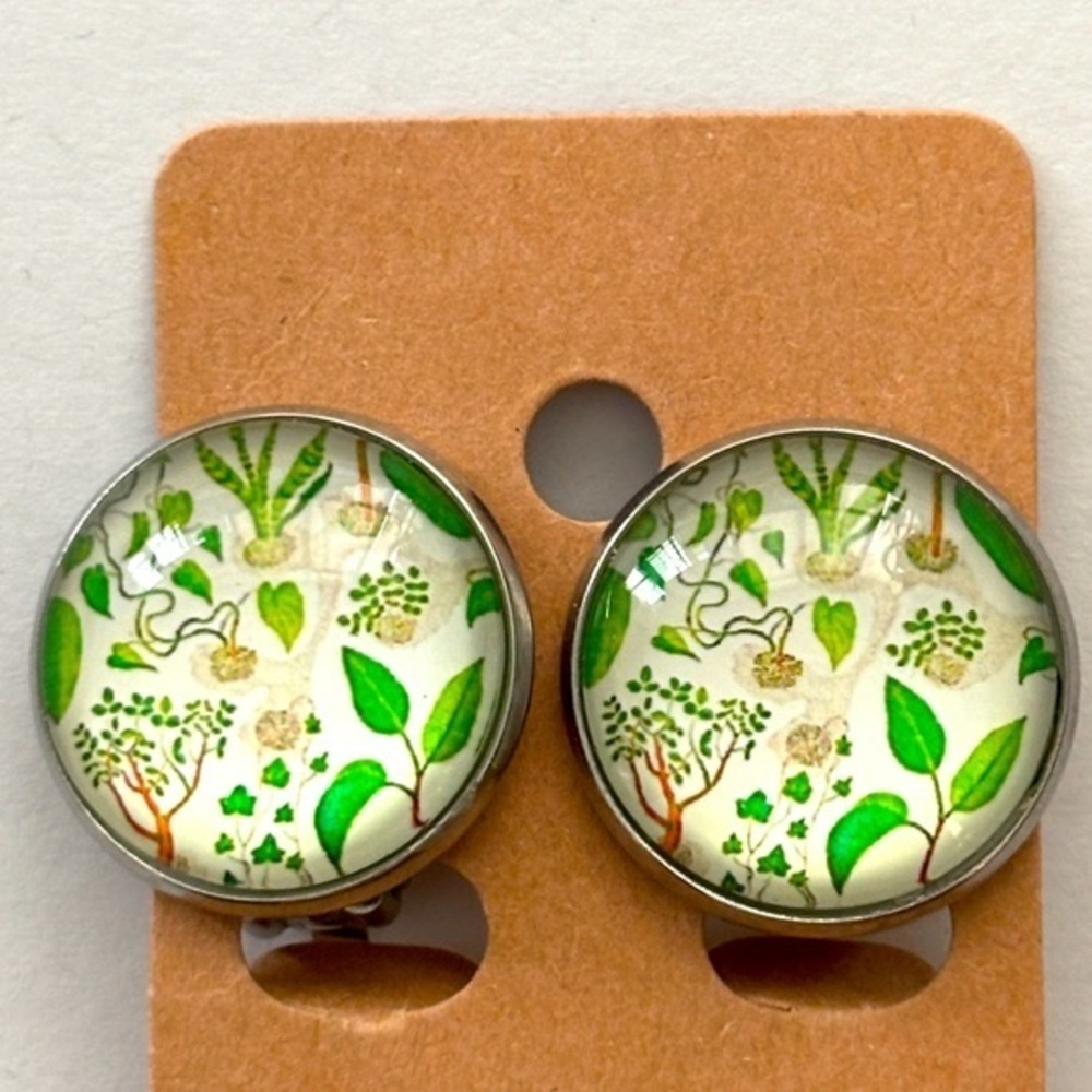 Floral Print 20mm Stainless Steel Clip On Earrings, NWT, Handmade, Unworn